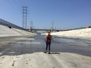 Looking north in the LA River under the bridge.