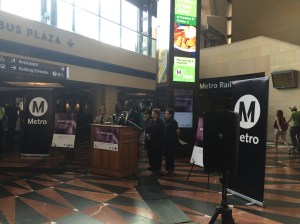 Metro Board Chair and Supervisor Mark Ridley-Thomas speaking at the press conference on October 15, 2015, which launched Metro's latest public outreach campaign to end sexual harassment on buses and trains.